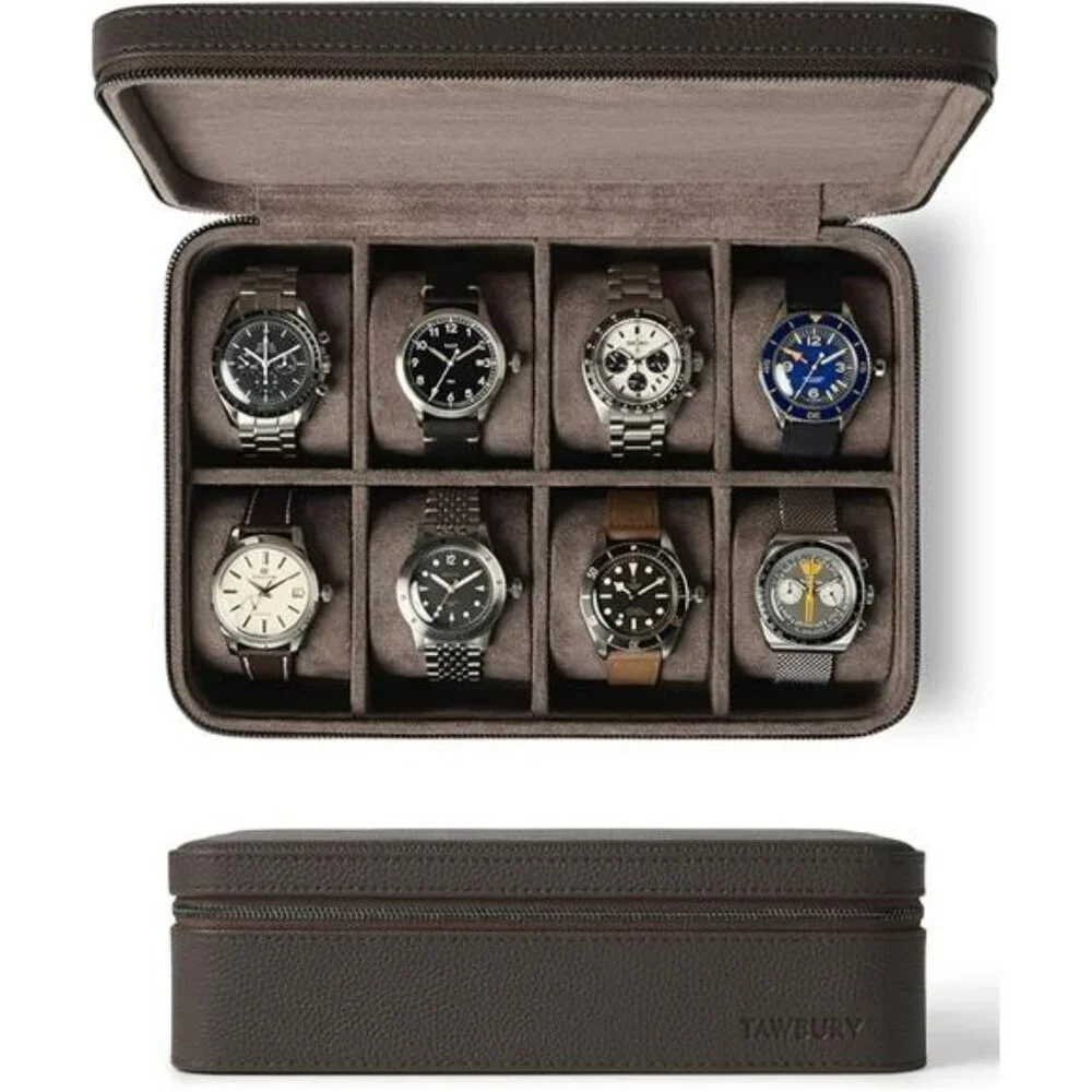 Tawbury Leather Watch Case 8 Slot Travel Watch Box with Zipper Brown